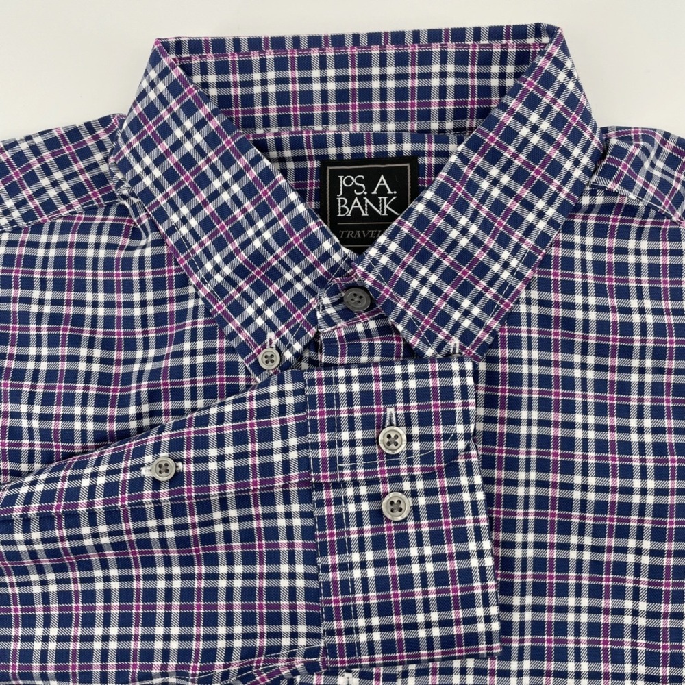 Jos. A. Bank Traveler Men's Medium Blue Purple Plaid Button Down Shirt Cotton